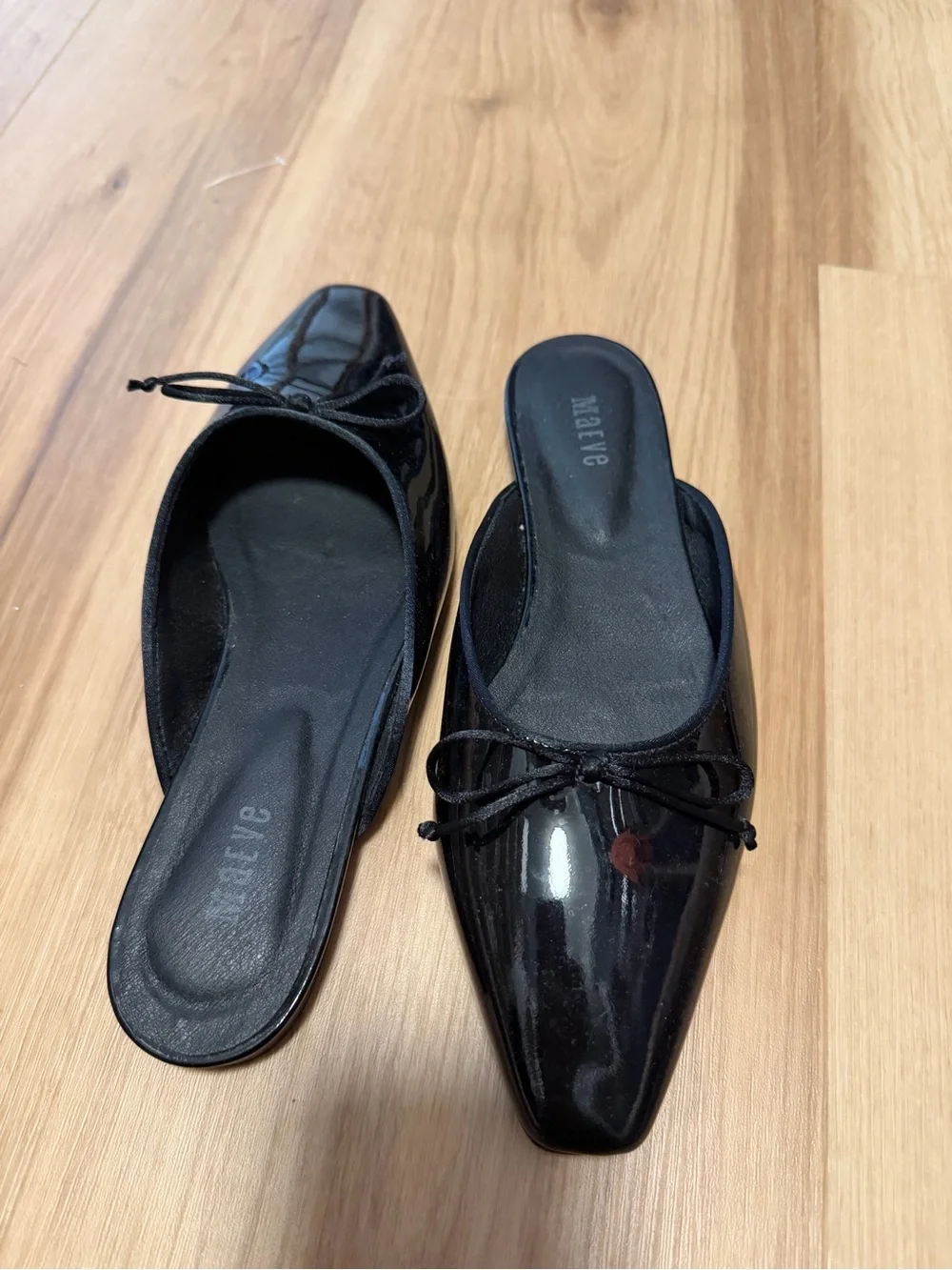 Maeve Black Patent Pointed Slip-On Mules with Bow - like new